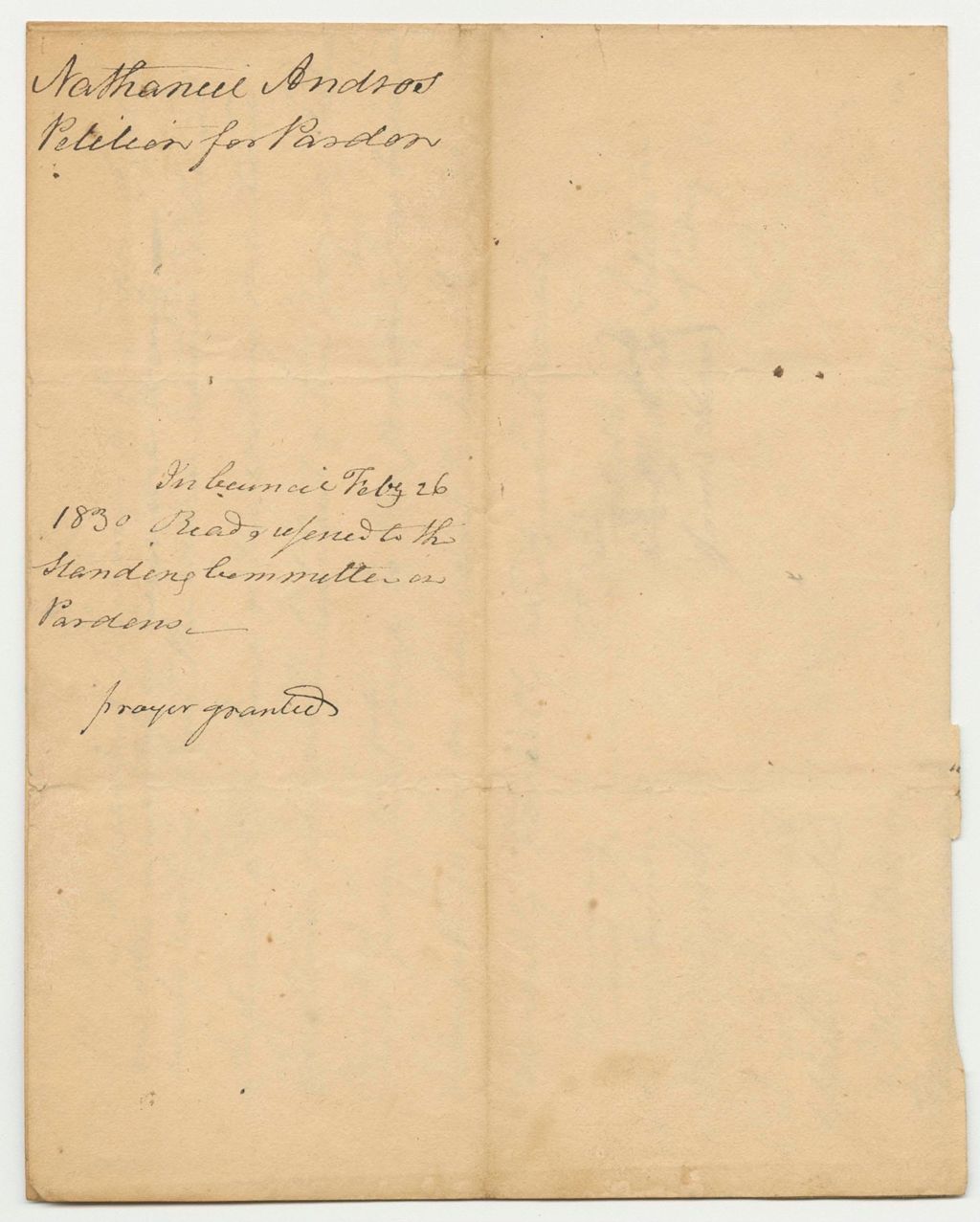 Miniature of Petition of Nathaniel Andros for a Pardon