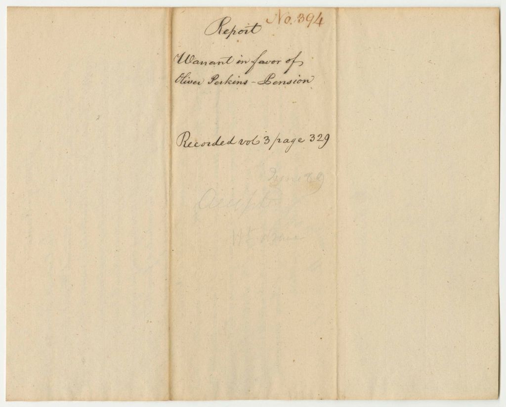 Miniature of Report 394: Report on the Warrant in Favor of Oliver Perkins for a Pension