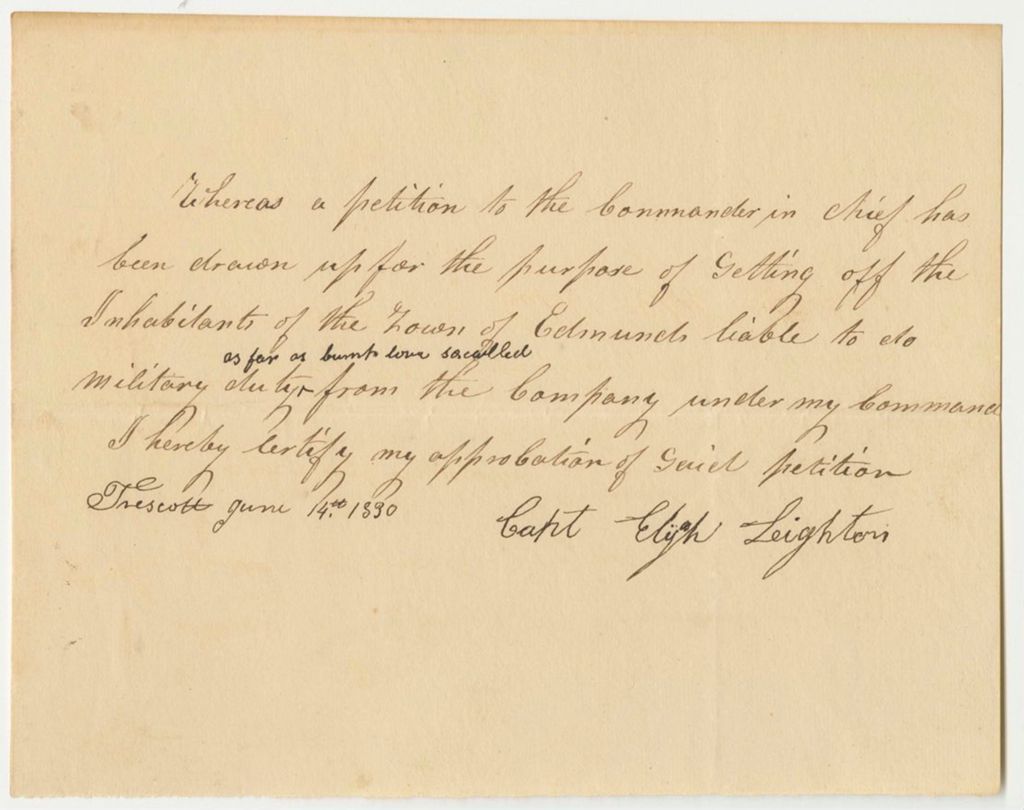 Miniature of Approbation of Capt. Elijah Leighton for the Petition for a Division of the Company in Trescott and Edmunds