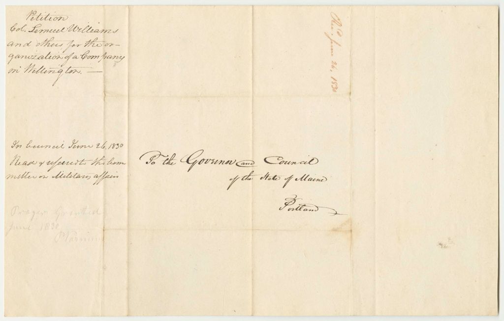 Miniature of Petition of Col. Williams and Others for the Organization a Company in Wellington