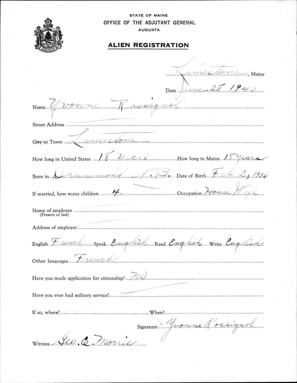 Miniature of Alien Registration- Rossignol, Yvonne (Limestone, Aroostook County)