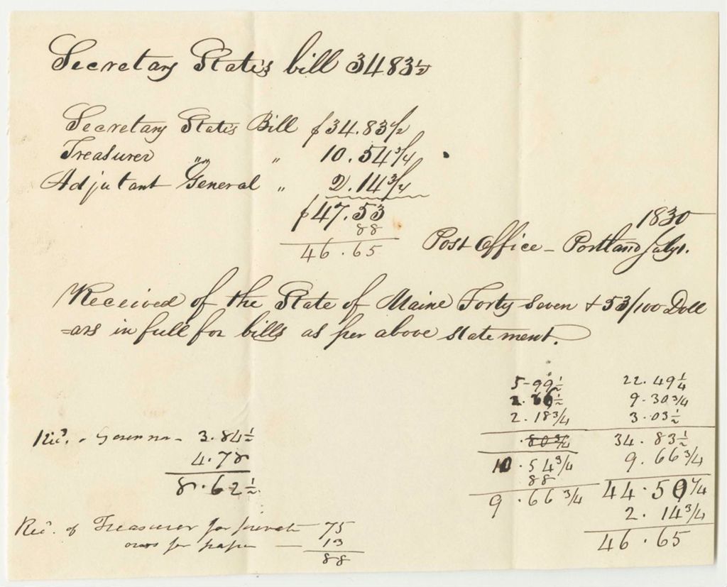 Miniature of Portland Post-Office's Bill for the Secretary of State