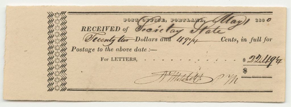 Miniature of Portland Post-Office's Bill for the Secretary of State