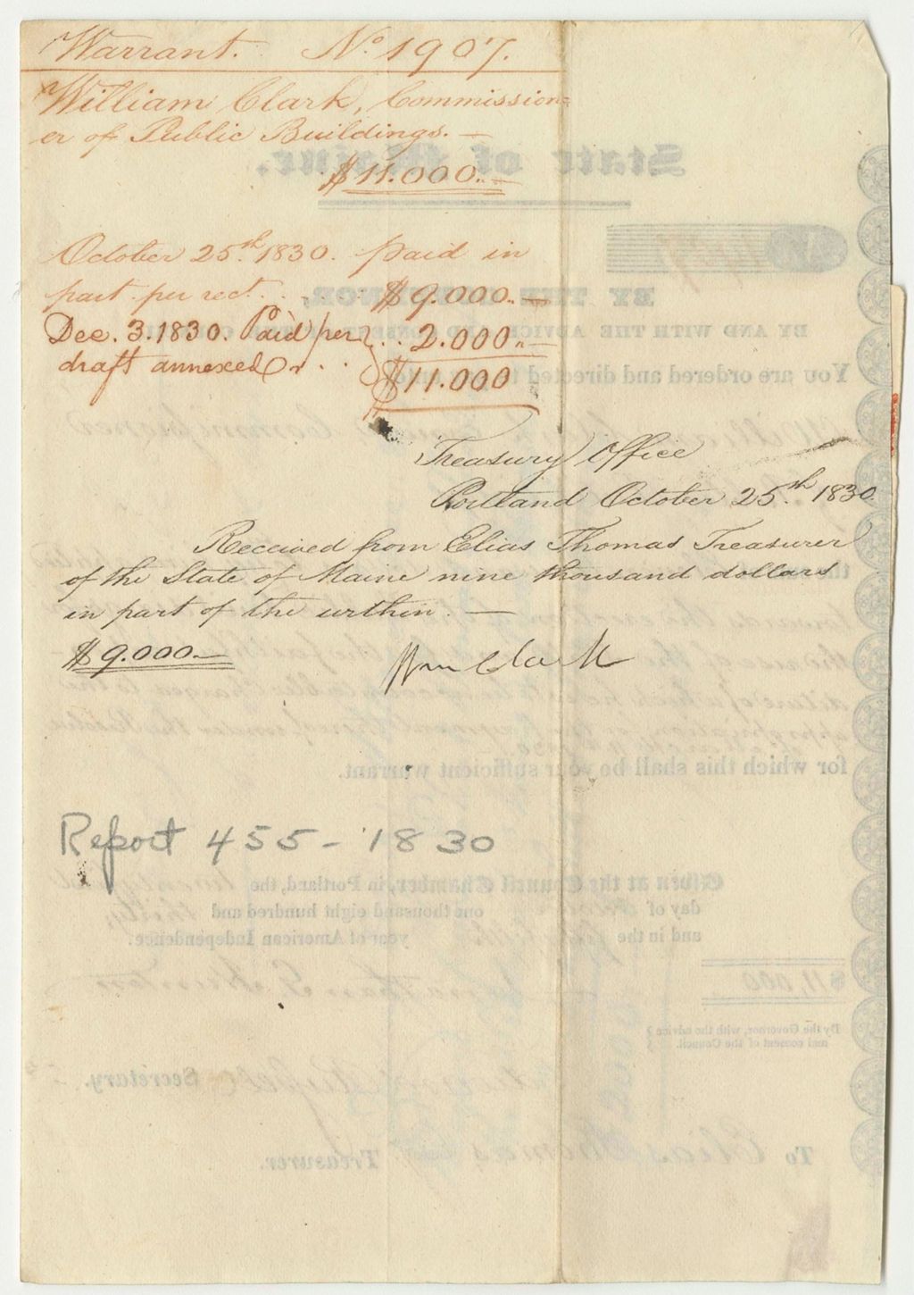 Miniature of Warrant in Favor of William Clark, Commissioner of Public Buildings