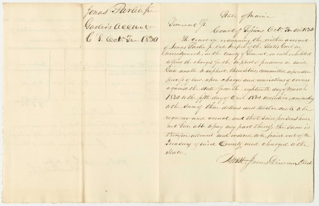 Miniature of Account of Jonas Parlin Jr., Keeper of the State's Gaol in Norridgewock in the County of Somerset for the Support of Prisoners Therein Committed Upon Charge or Conviction of Crimes and Offences Against the State, October Term 1830
