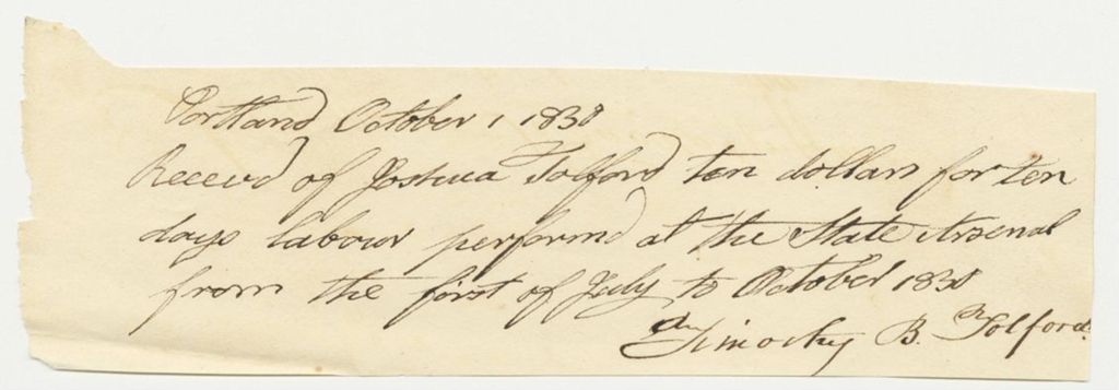 Miniature of Timothy B. Tolford's Receipt for Work at the State Arsenal, Paid by Joshua Tolford
