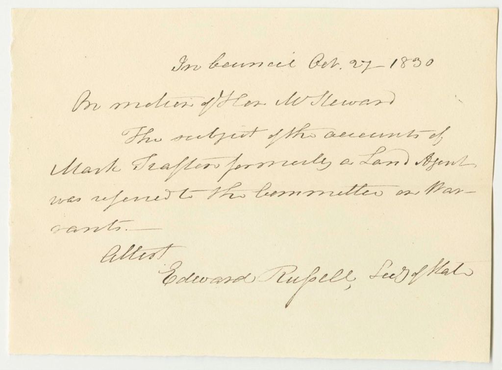 Miniature of Motion of Hon. W. Steward that the Accounts of Mark Trafton, Formerly Land Agent, Were Referred to the Committee on Warrants