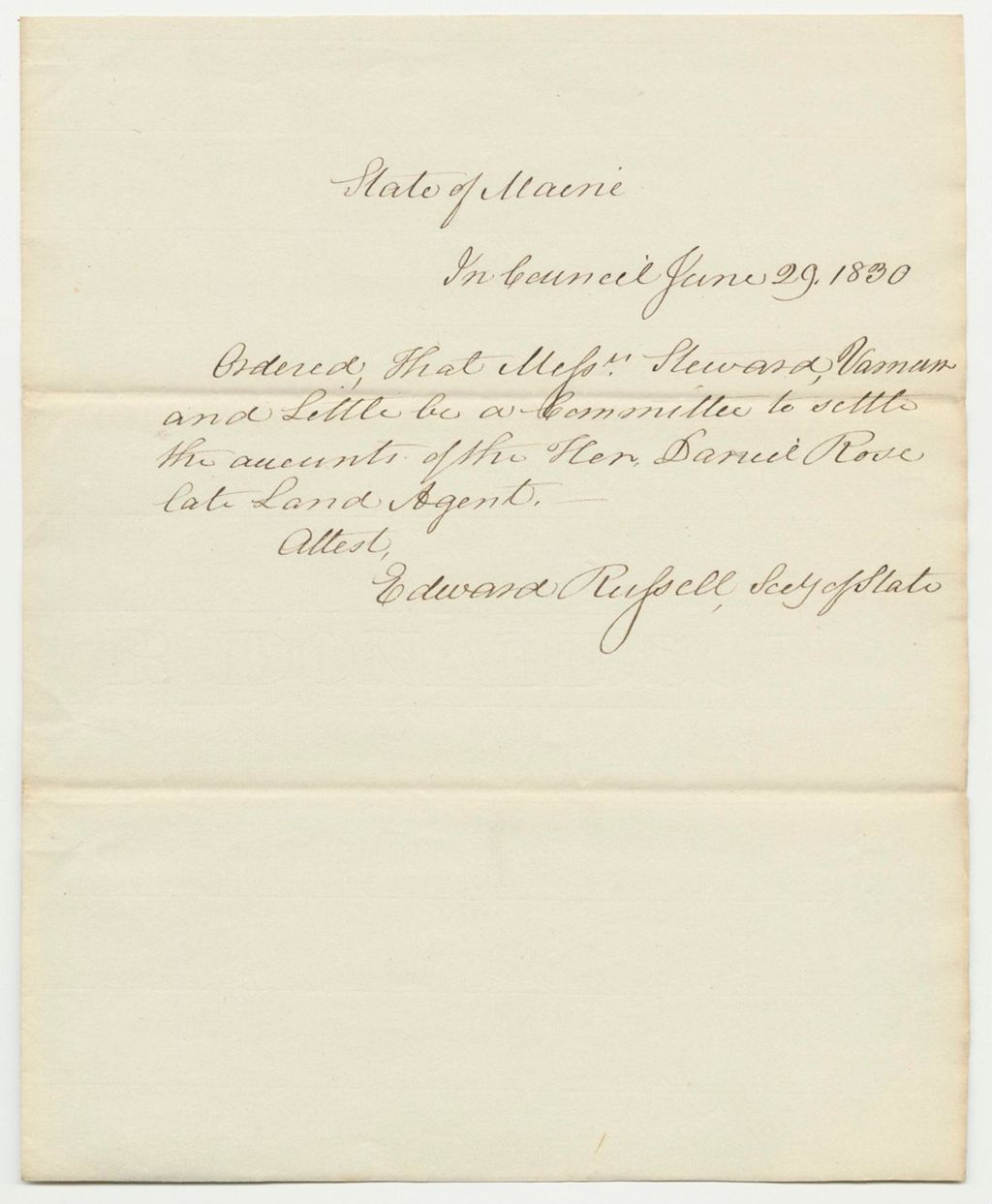 Miniature of Order that Messrs. Steward, Varnum, and Little Be a Committee to Settle Accounts with the Late Land Agent, Daniel Rose