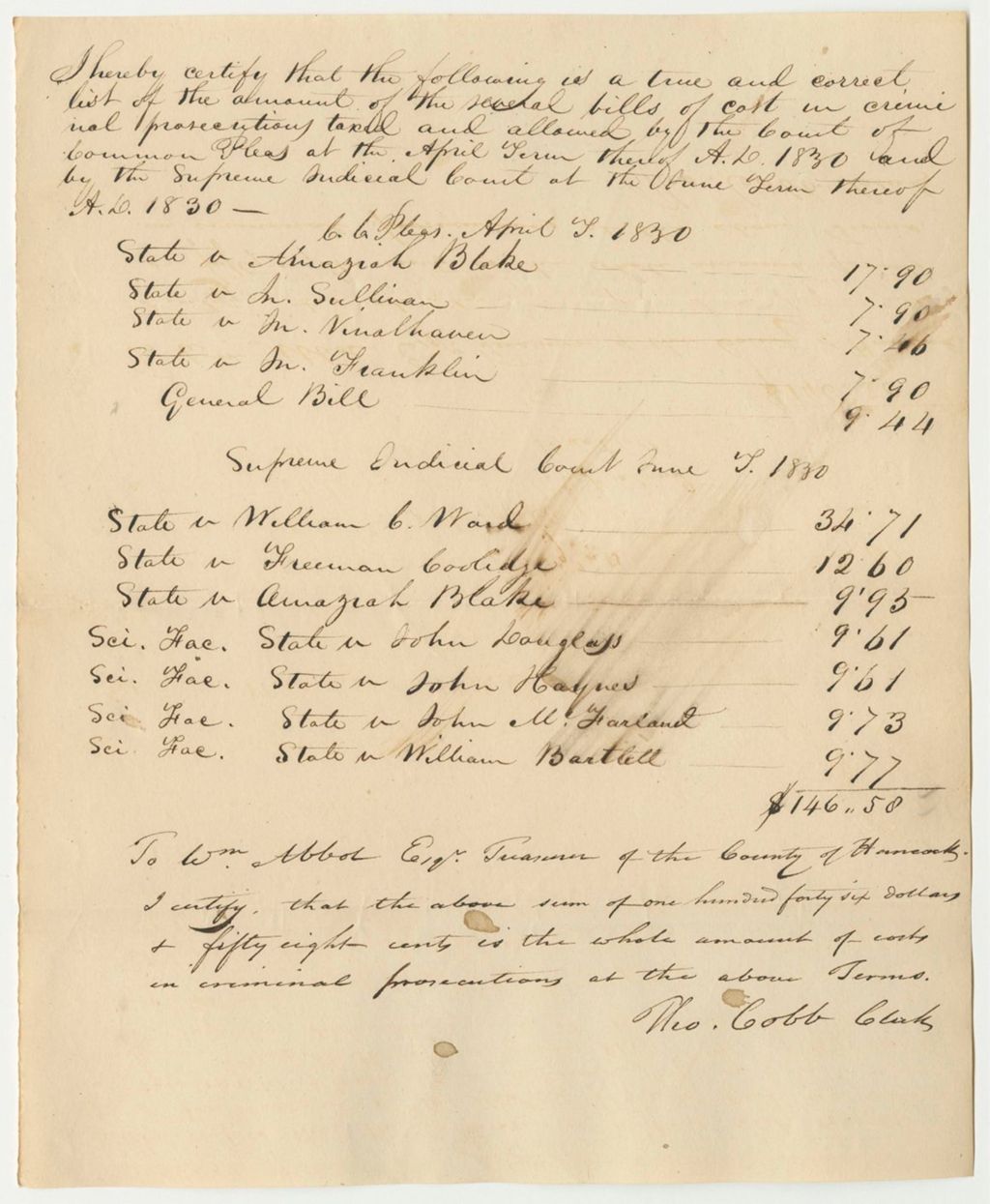 Miniature of List of the Amount of the Several Bills of Cost in Criminal Prosecutions Taxed and Allowed by the Court of Common Pleas in Hancock County at the April Term 1830, and by the Supreme Judicial Court at the June Term 1830