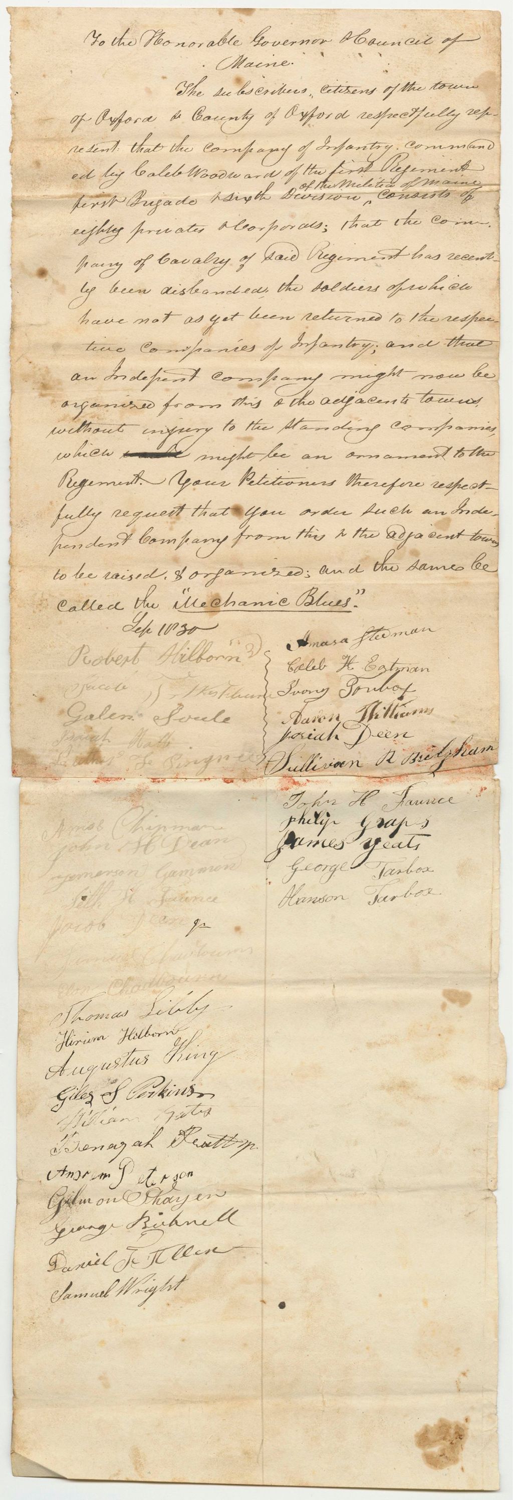 Miniature of Representation of the Citizens of the Town of Oxford, Praying a New Company May Be Organized from the Adjacent Towns, and Be Called the "Mechanic Blues"
