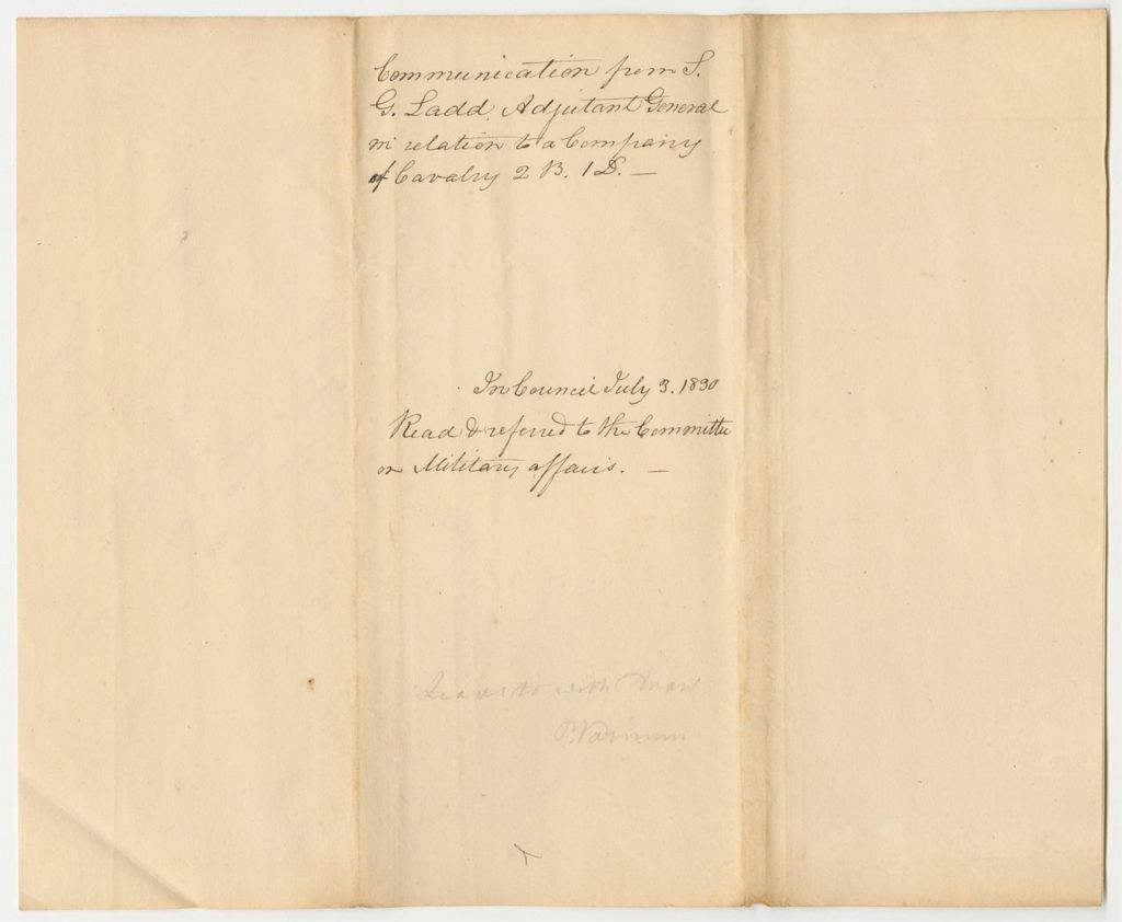 Miniature of Communication from S.G. Ladd, Adjutant General, in Relation to a Company of Cavalry 2B.1D.