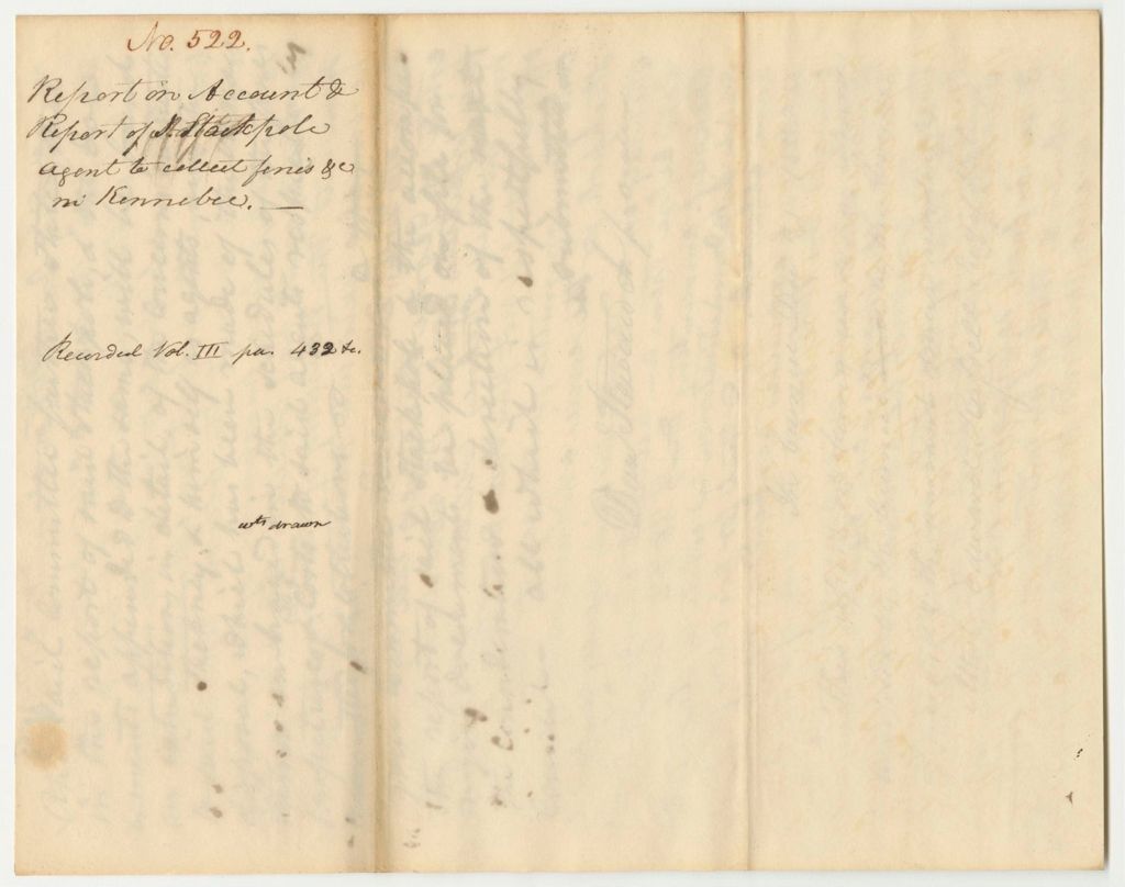 Miniature of Report 522: Report on the Account of James Stackpole, Agent to Collect Fines, Forfeitures, and Bills of Cost in Kennebec County