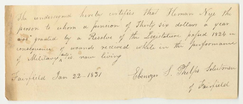 Miniature of Certificate of Ebenezer S. Phelps for the Pension of Heman Nye