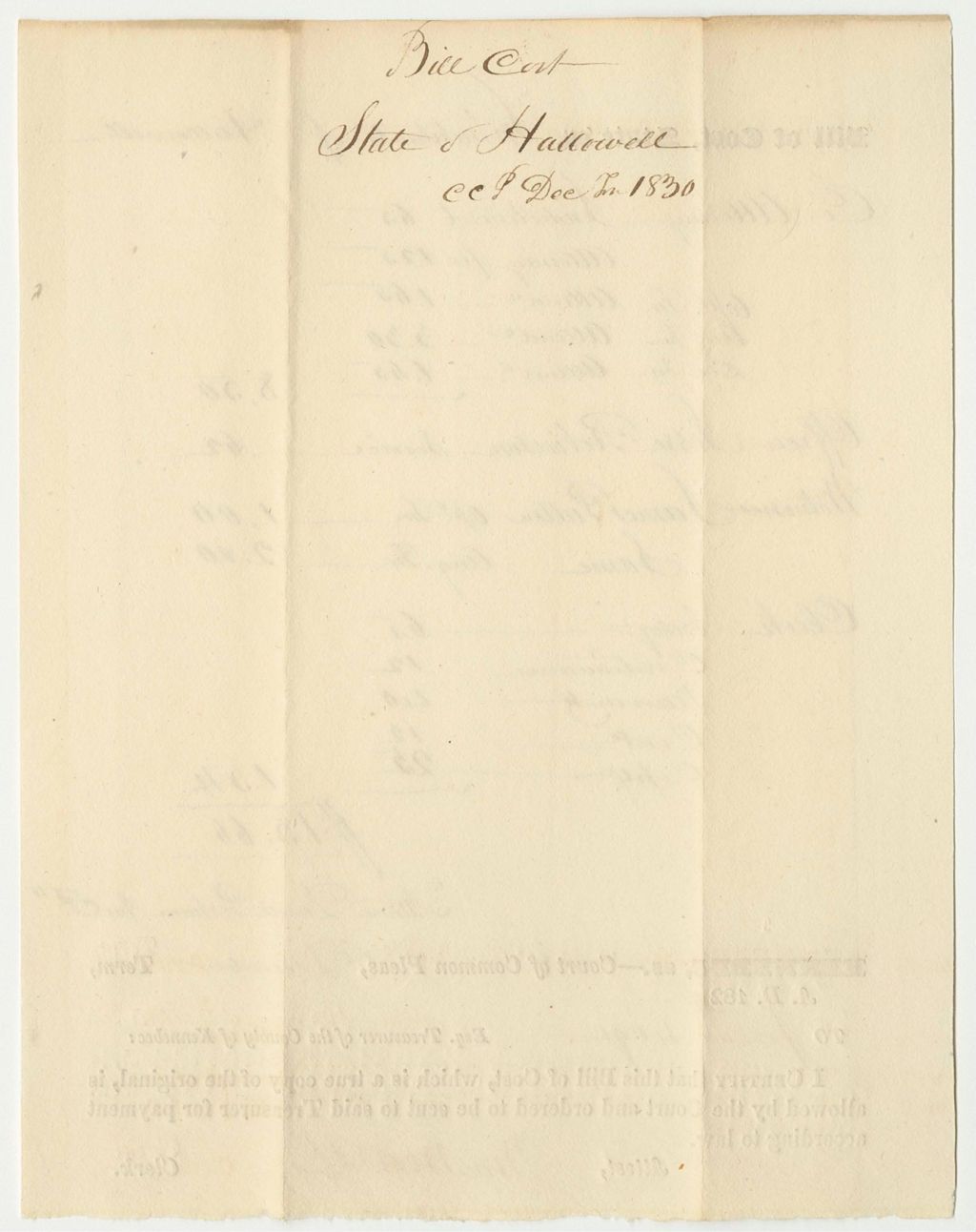Miniature of State of Maine v. Inhabitants of Hallowell, Bill of Cost in the Court of Common Pleas in Kennebec, December Term 1833