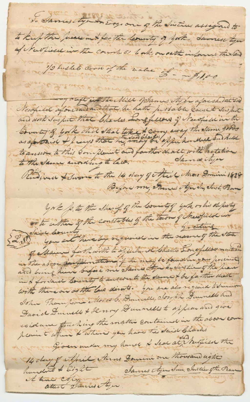 Miniature of Warrant for the Apprehension of Charles Longfellow