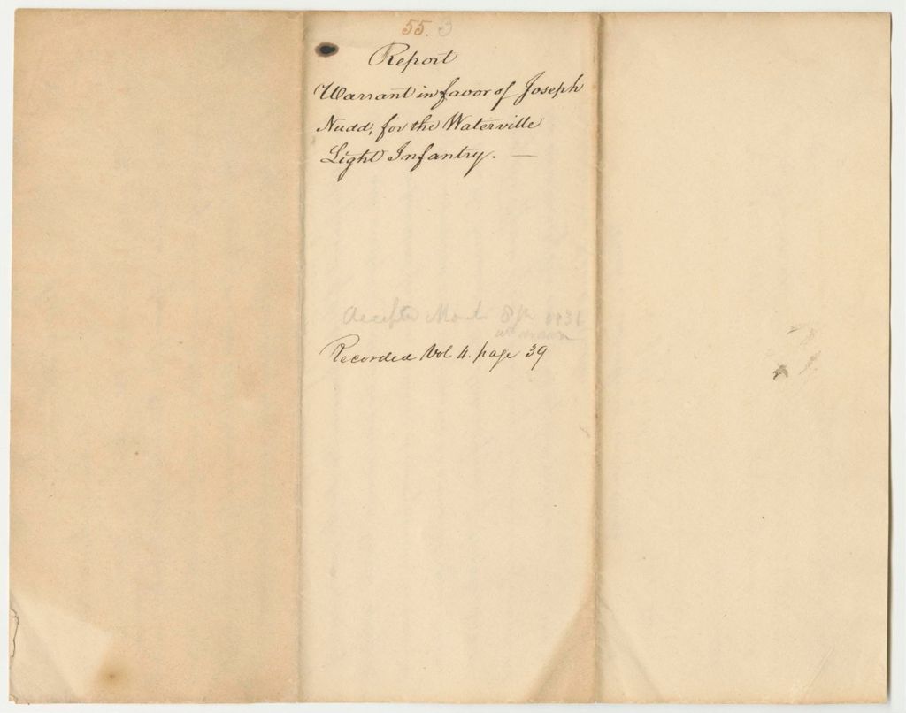 Miniature of Report 55: Report on the Warrant in Favor of Joseph Nudd for the Waterville Light Infantry