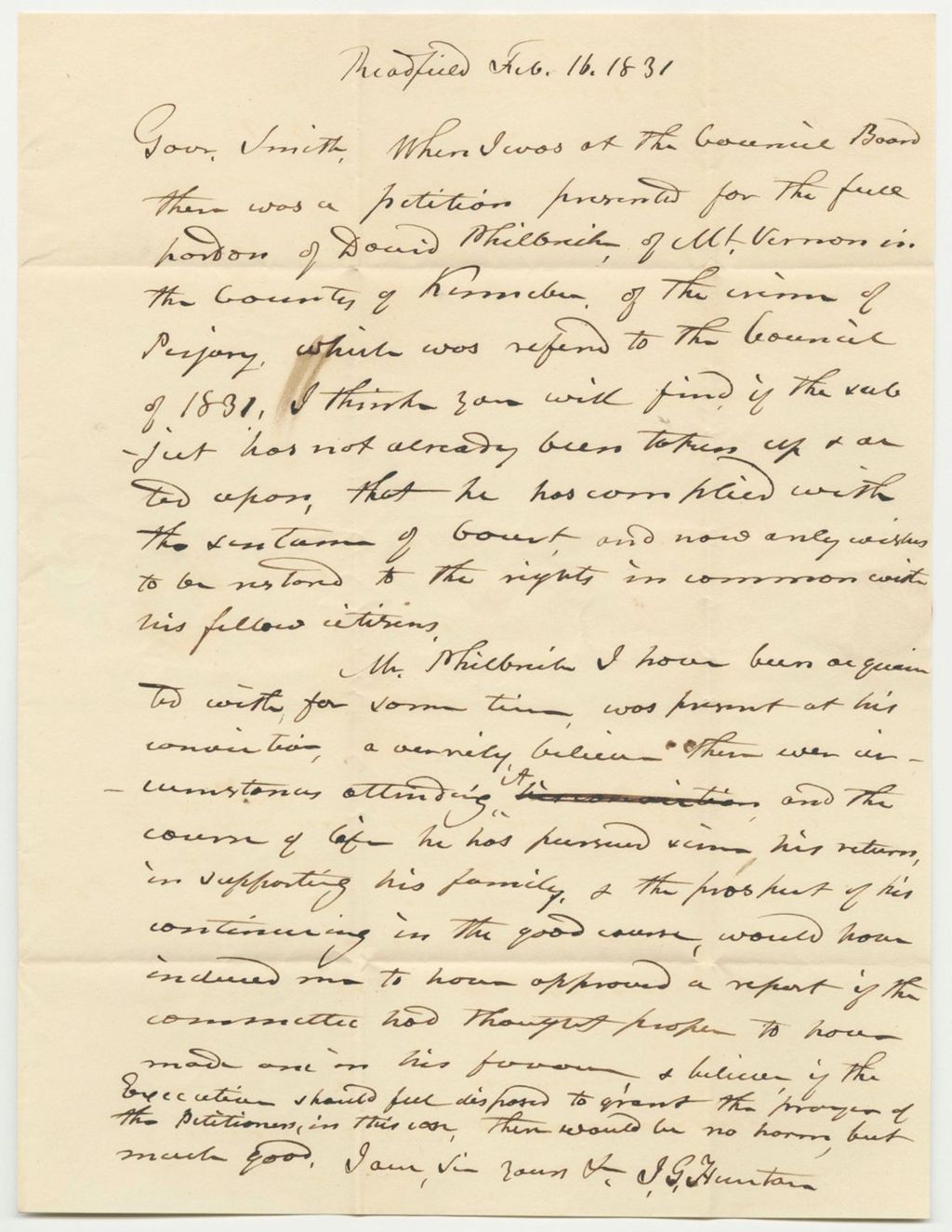 Miniature of Letter from J.G. Hunton, in Support of the Pardon of David Philbrick