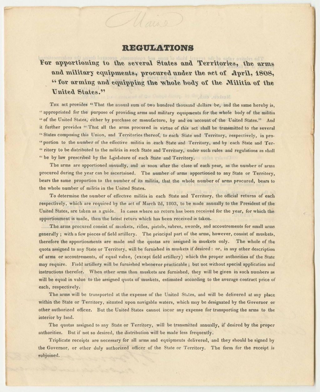 Miniature of Regulations for Apportioning to the Several State and Territories, the Arms and Military Equipments, Precurred Under the Act of April, 1808, "for arming and equipping the whole body of the Militia of the United States."