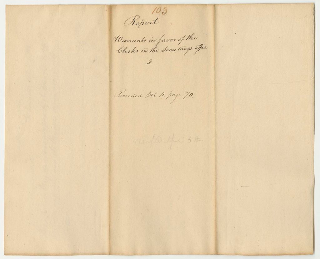 Miniature of Report 103: Report on Warrants in Favor of the Clerks in the Secretary of State's Office