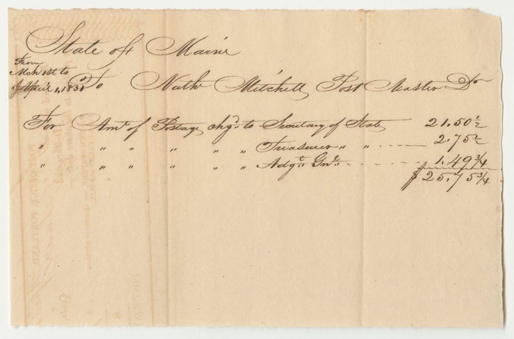 Miniature of Account of Nathaniel Mitchell, Postmaster of Portland