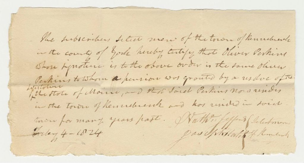Miniature of Selectmen of Kennebunk Certification of the Pension of Oliver Perkins