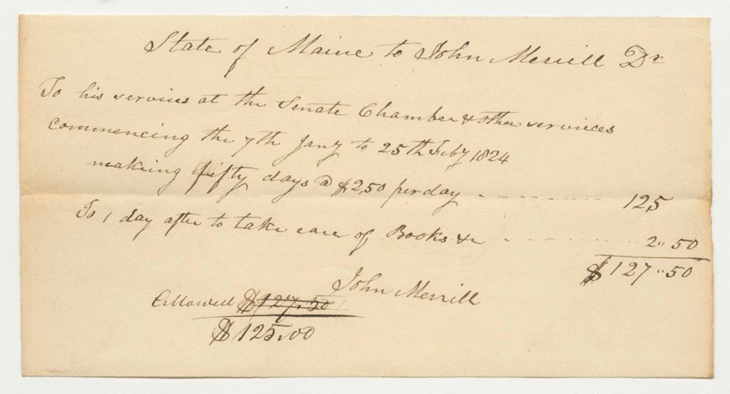 Miniature of Receipt for John Merrill for Servces at the Senate Chamber