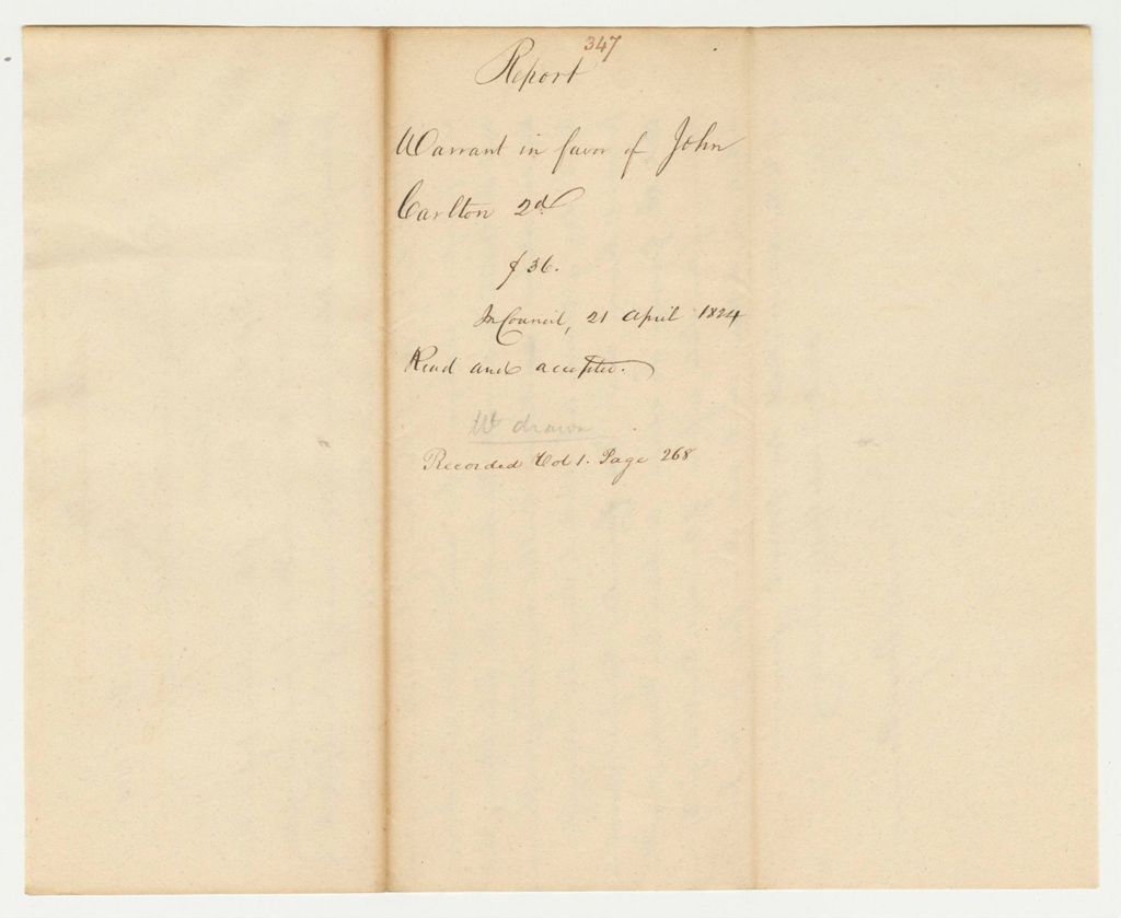 Miniature of Report 347: Report on the Warrant in Favor of John Carlton the Second For a Pension