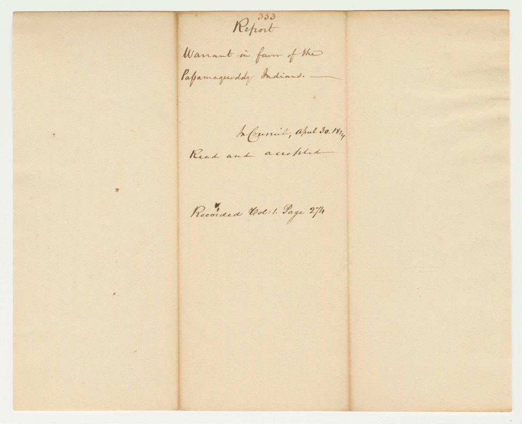 Miniature of Report 353: Report on the Warrant in Favor of the Passamaquoddy Indians