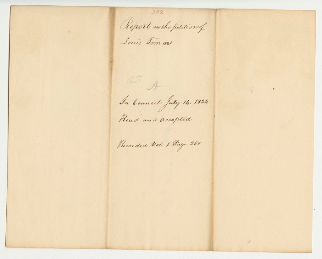 Miniature of Report 322: Report on the Petition of Levy Tomar on the Subject of Cutting Timber on the Lands Belonging to the Passamaquoddy Indians