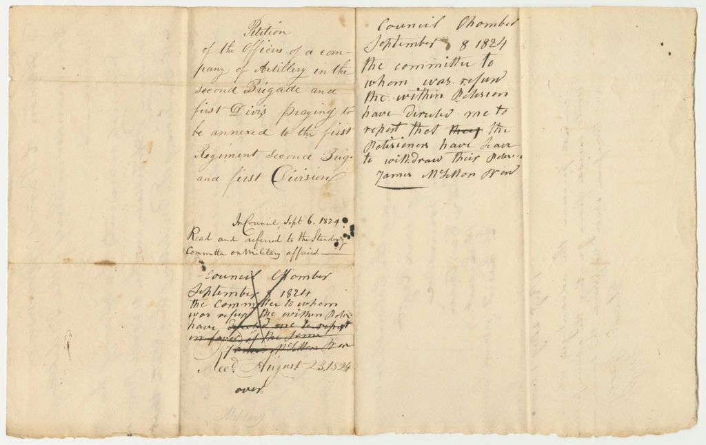 Miniature of Petition of a Company of Artillery in the Second Brigade and First Division Praying to be Annexed to the First Regiment Second Brigade and First Division