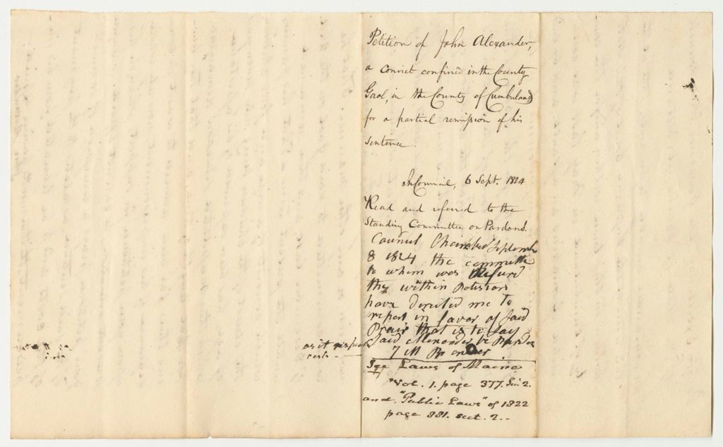 Miniature of Petition of John Alexander, a Convict Confined in the County Gaol, in the County of Cumberland for a Partial Remission of His Sentence