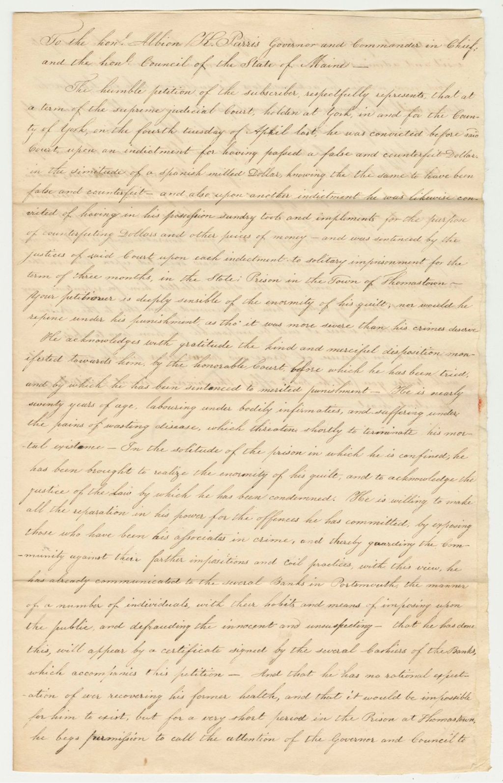 Miniature of Petitioners Request for Nathaniel Parsons to Remain in His Current Prison