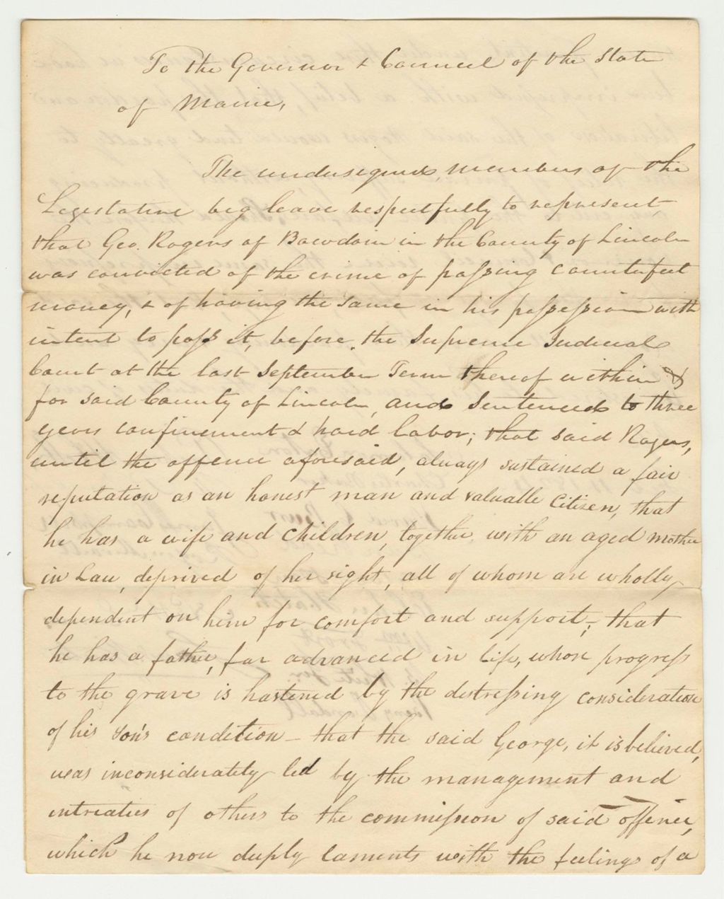 Miniature of Letter from the Members of the Legislature Regarding the Pardon of George Rogers