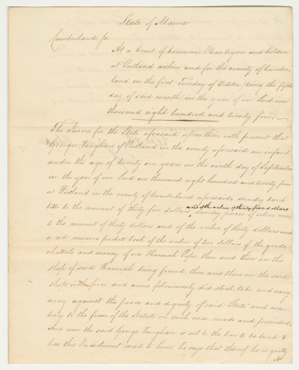 Miniature of Copy of Sentence for State of Maine vs. George Vaughan