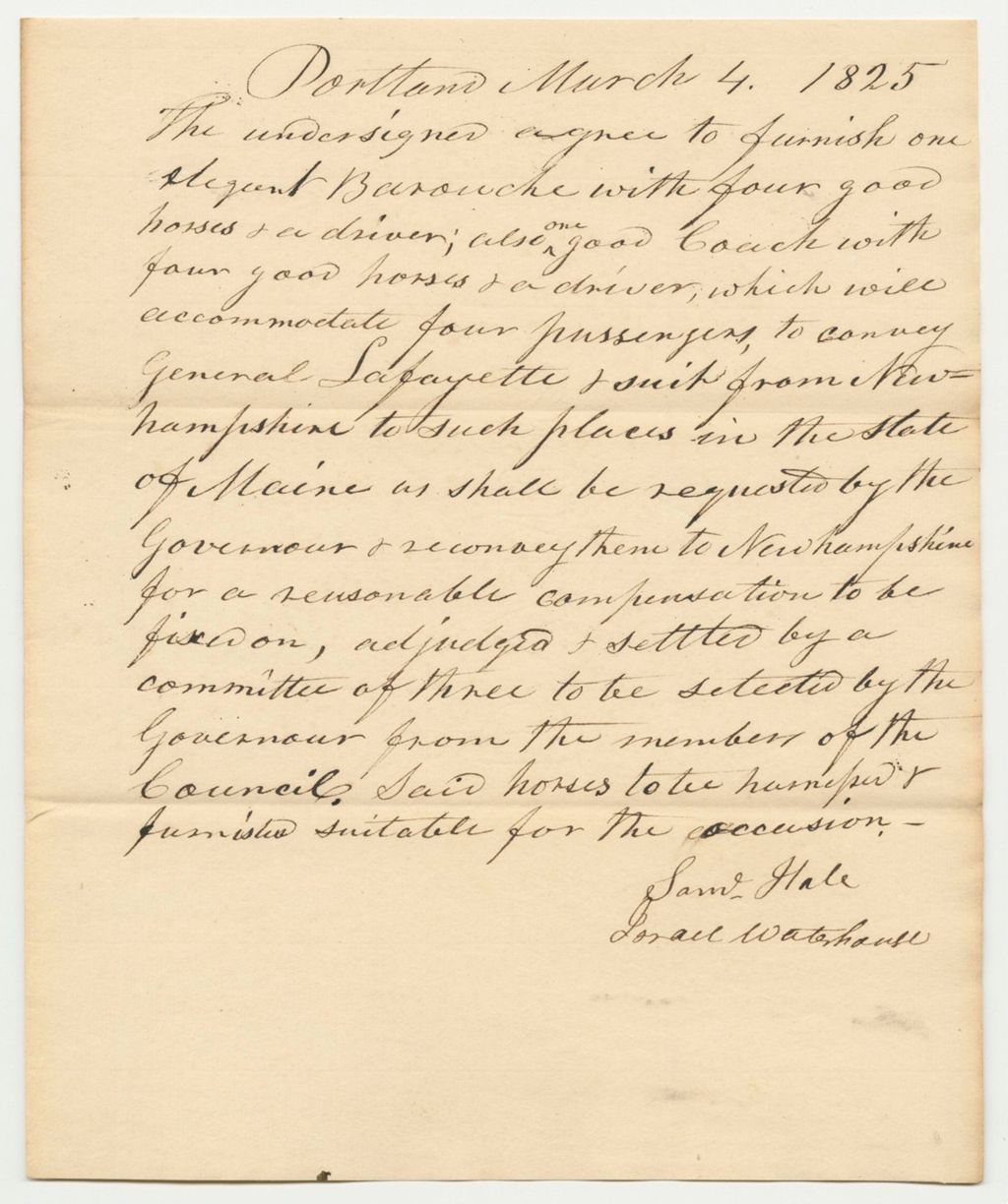 Miniature of Agreement to Furnish Horses and a Coach for General Lafayette