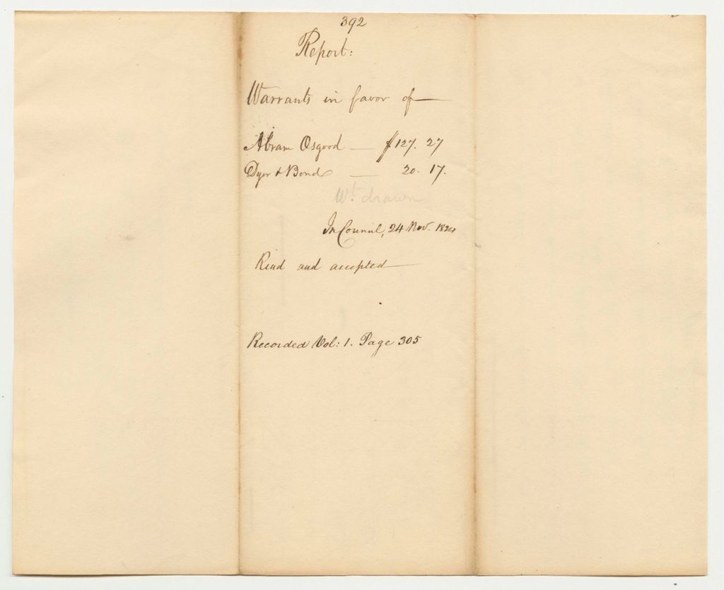 Miniature of Warrants in Favor of Abram Osgood and Dyer & Bond for Work on the State Arsenal