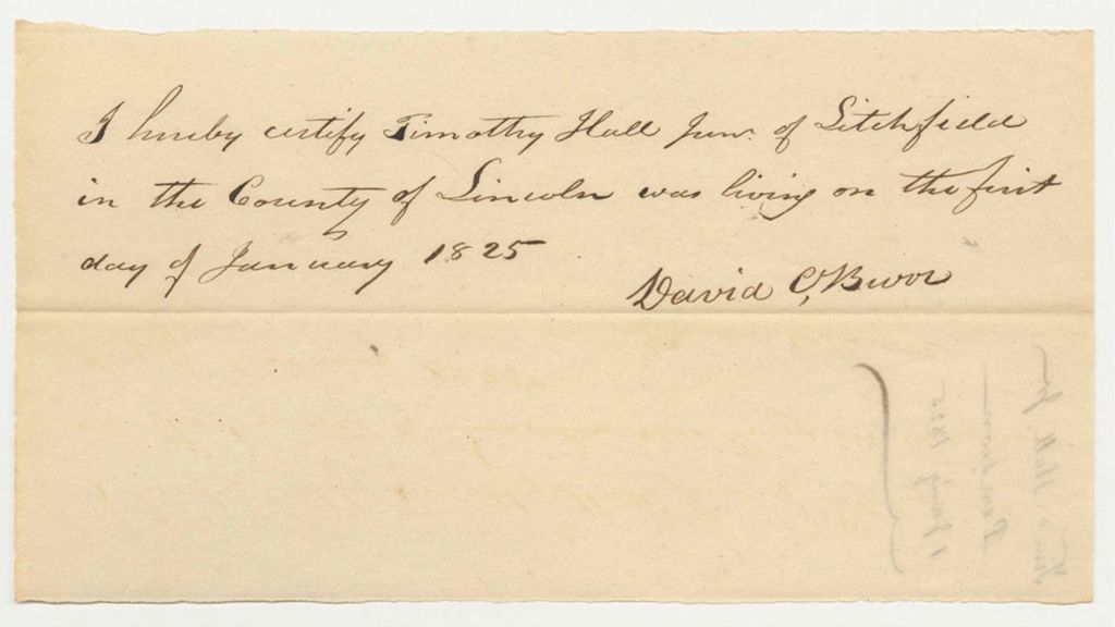 Miniature of David O. Burr Certification that Timothy Hall Junior Was Alive January 1825