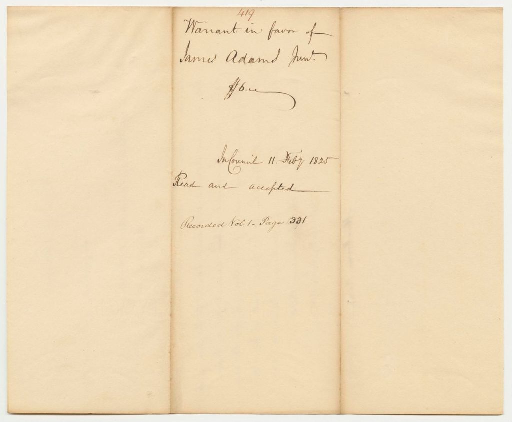 Miniature of Report 419: Warrant in Favor of James Adams Jr.