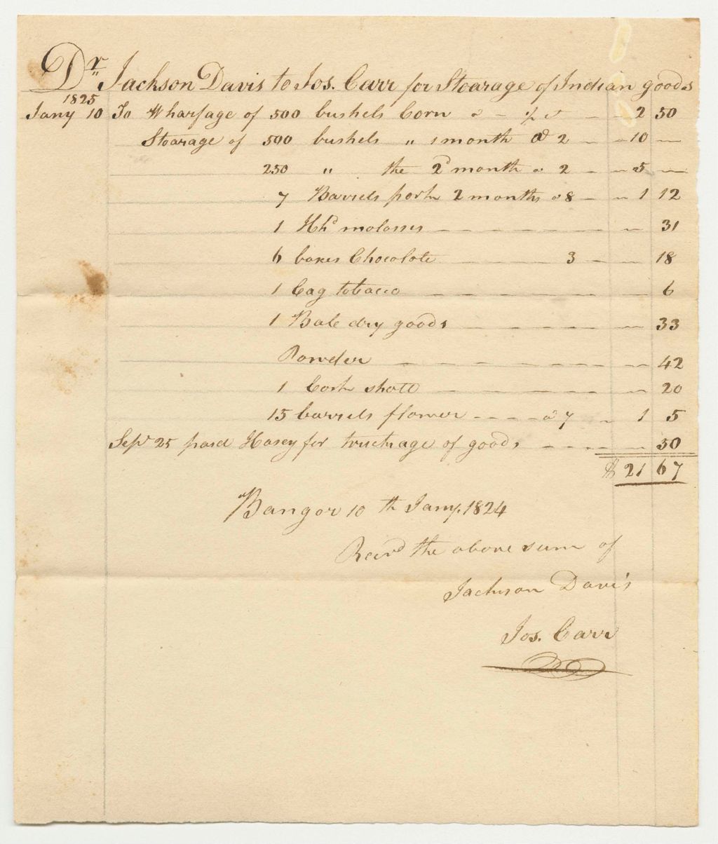 Miniature of Jackson Davis Receipt for Storage of Indian Goods from Joshua Carr