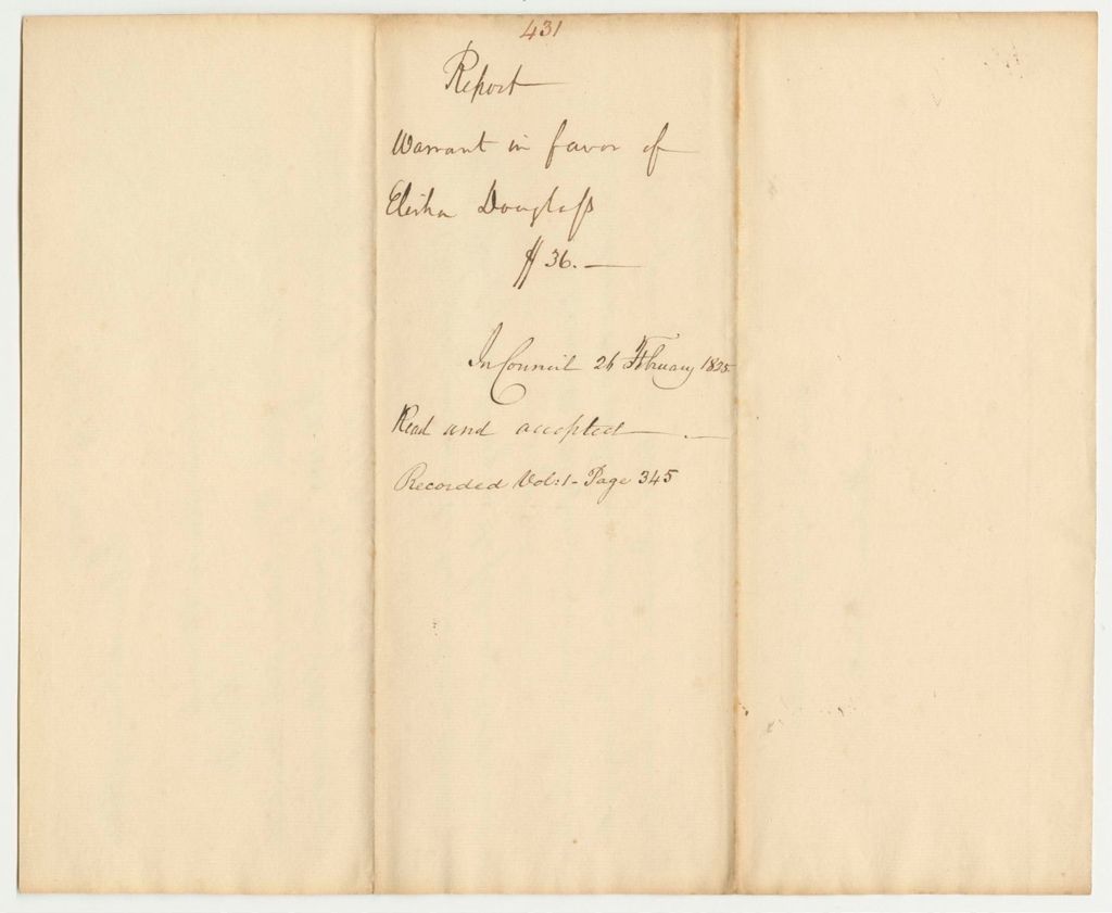 Miniature of Report 431: Report on the Warrant in Favor of Elisha Dougless for a Pension