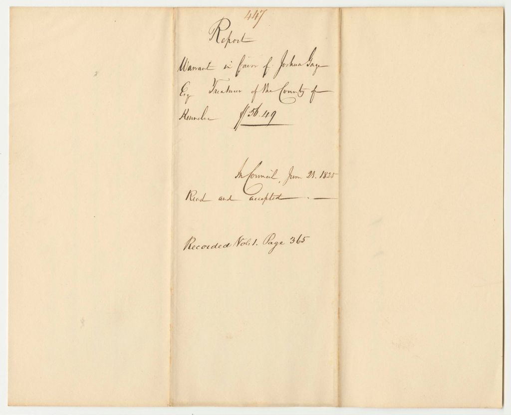Miniature of Report 447: Report on the Warrant in Favor of Joshua Gage, Esq., Treasurer of Kennebec County