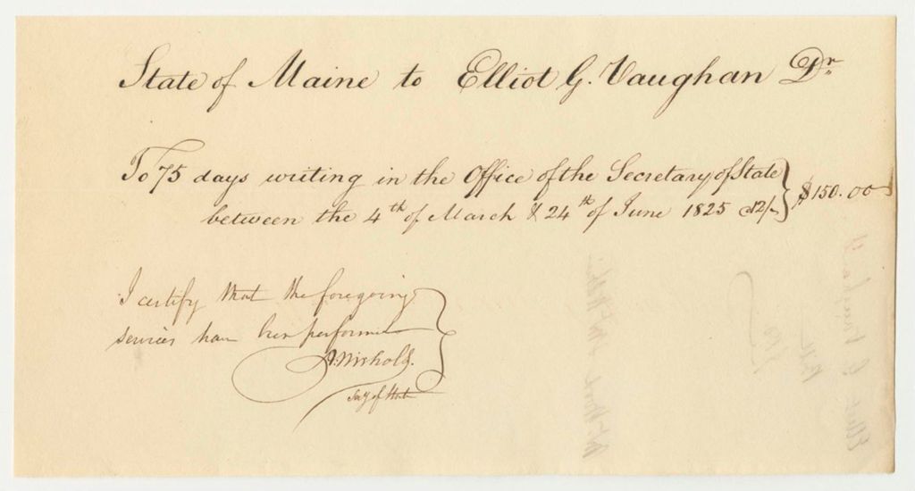 Miniature of Elliot G. Vaughan Bill for Work in the Office of the Secretary of State