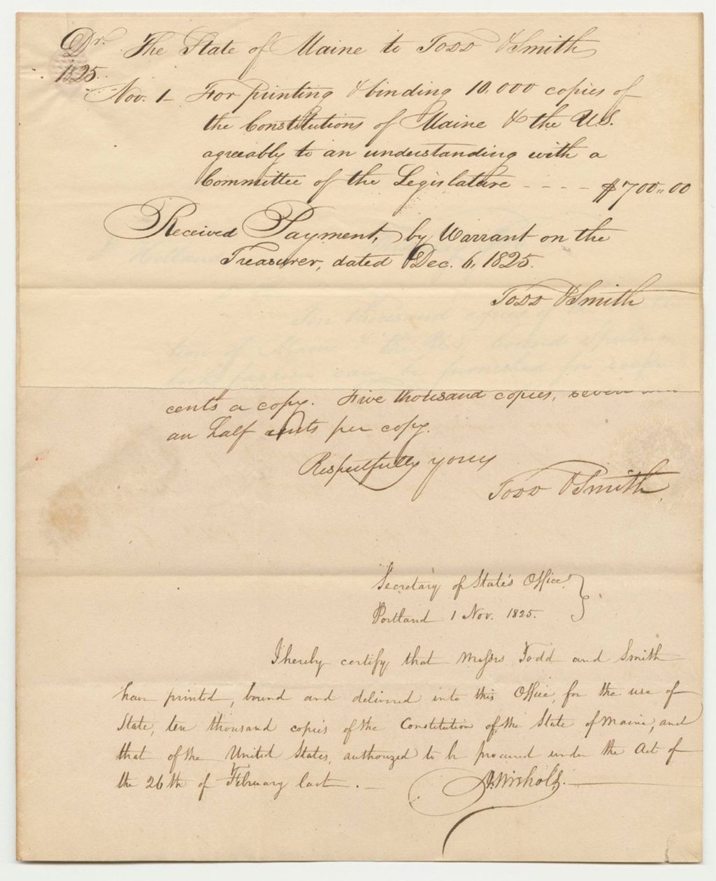 Miniature of Todd & Smith Receipt for Printing Constitutions
