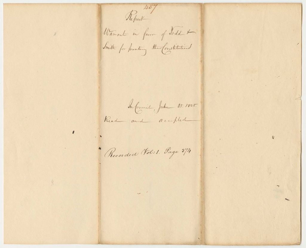 Miniature of Report 457: Report on the Warrant in Favor of Todd & Smith for Printing the Constitutions