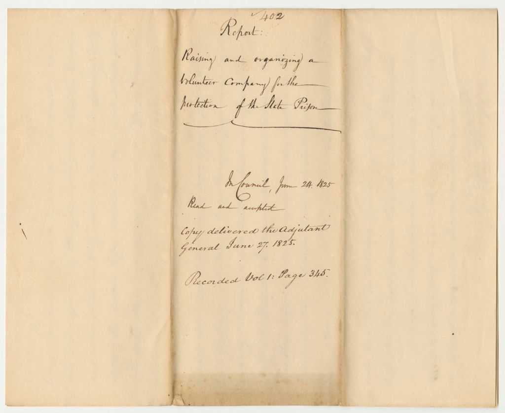 Miniature of Report 402: Report Raising and Organizing a Volunteer Company for the Protection of the State Prison