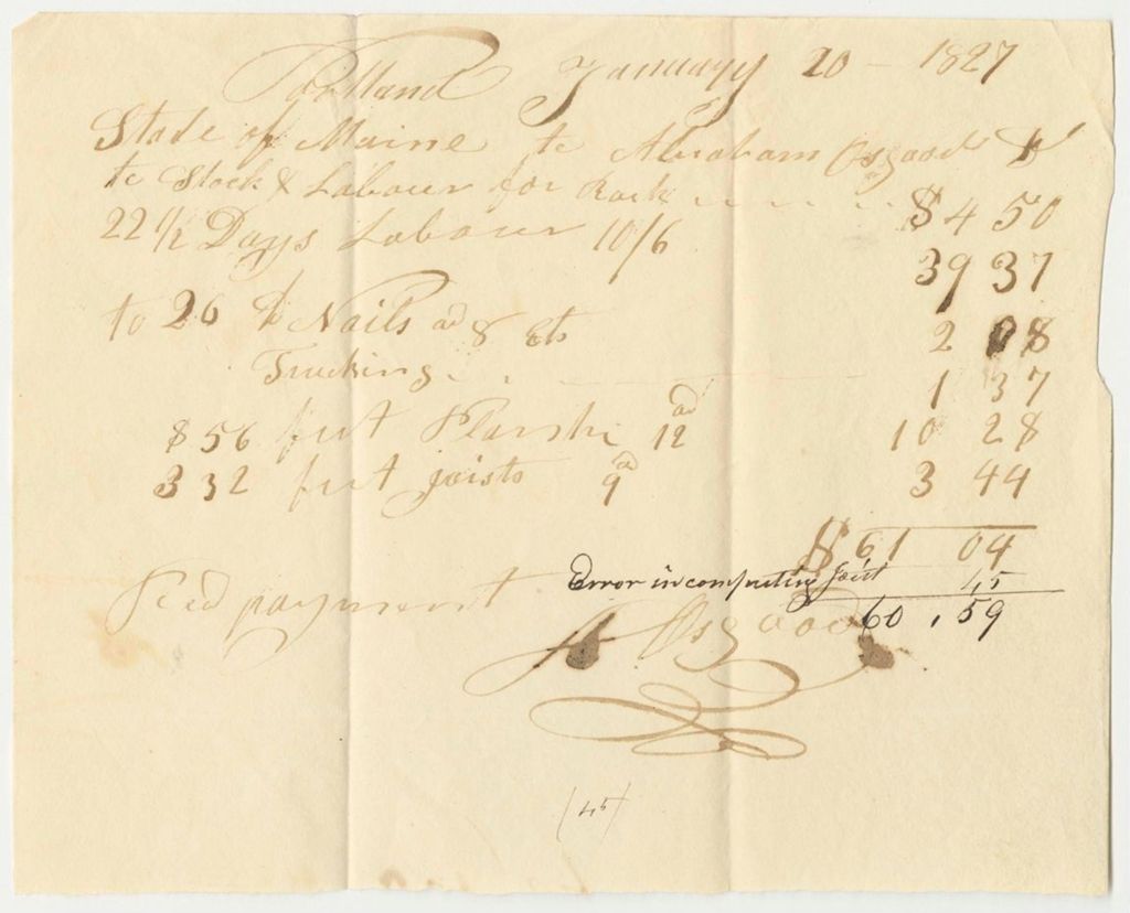 Miniature of Abraham Osgood's Bill for Work Done at the State Armory