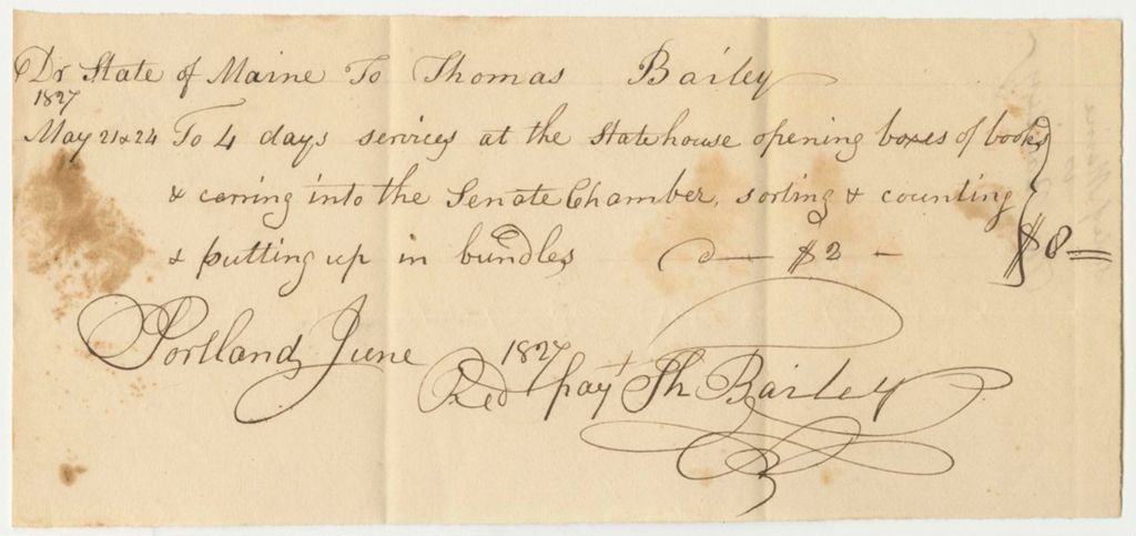 Miniature of Thomas Bailey Receipt for Services at the State House