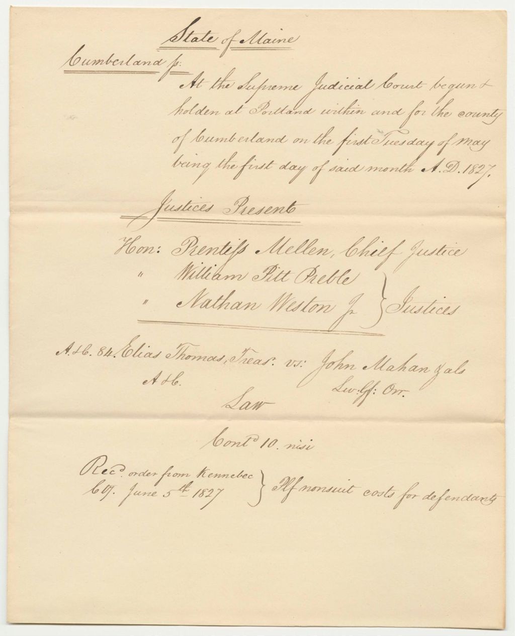Miniature of Record of Elias Thomas, Treasurer vs. John Mahangals