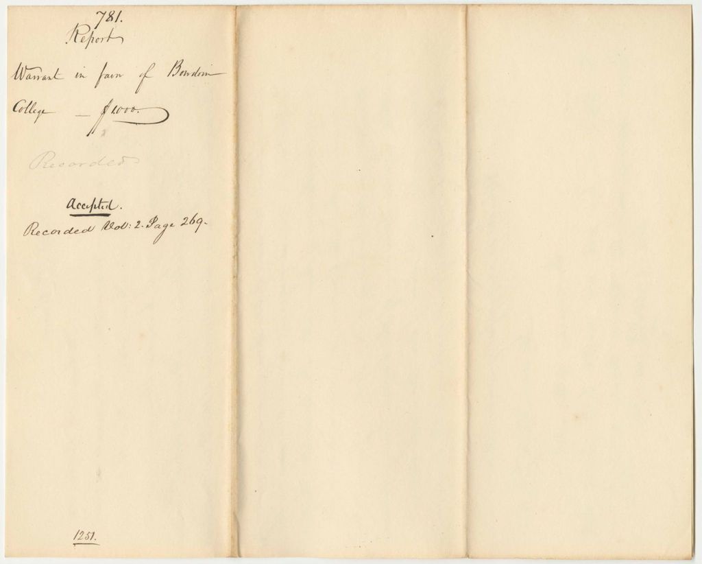 Miniature of Report 781: Report on the Warrant in Favor of Bowdoin College