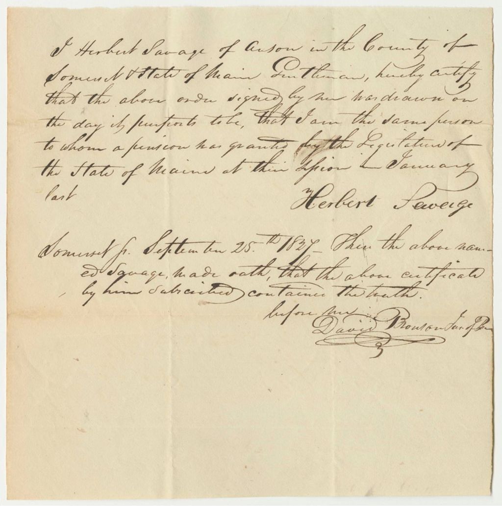 Miniature of Certification for the Pension of Herbert Savage for a Pension